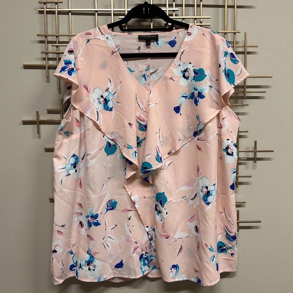 Lane Bryant Pink Floral V-Neck Blouse with Frill Detail - Picture 1 of 5